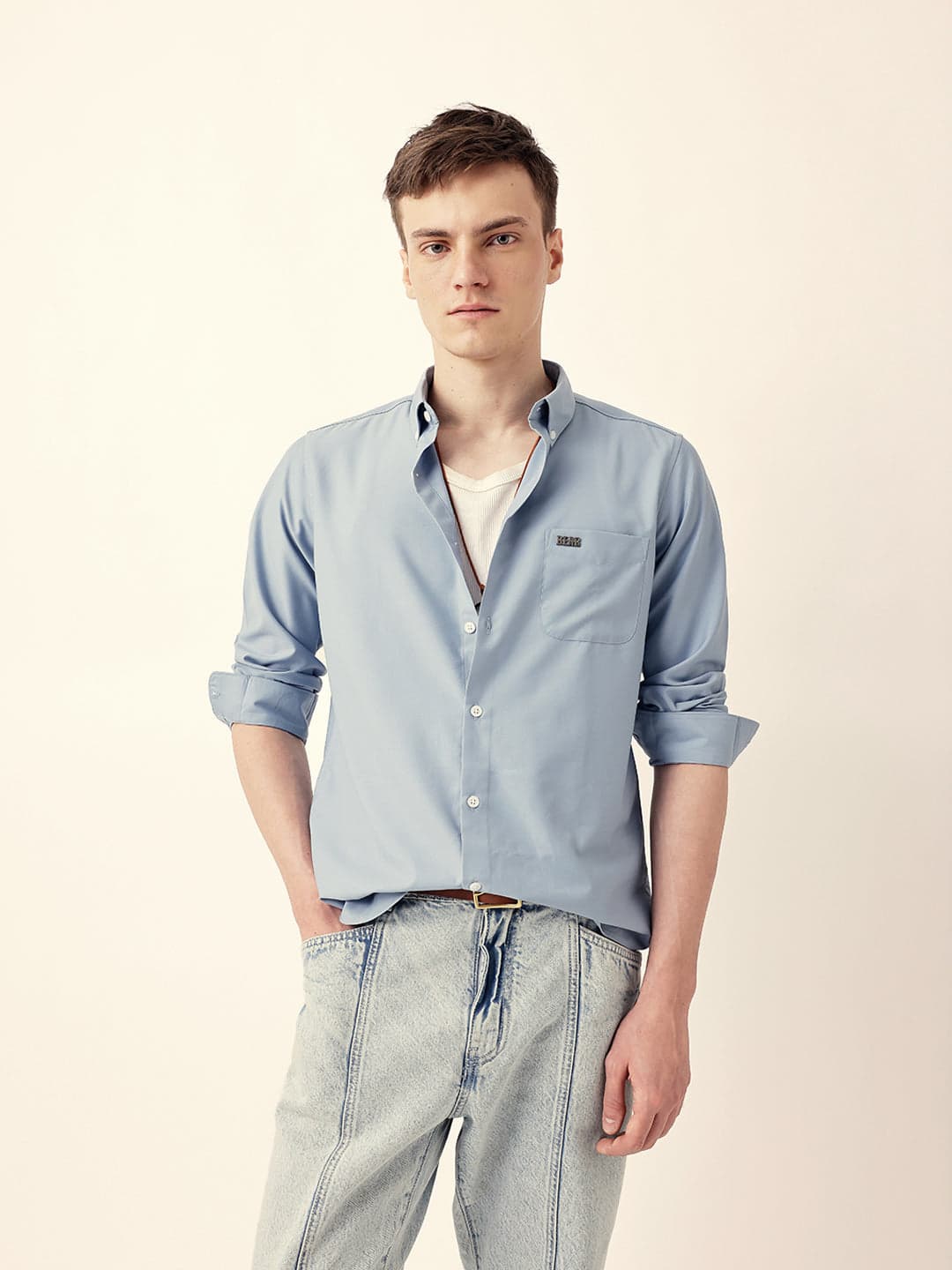 Men's Light Blue Solid Slim Fit Casual Shirt with Classic Semi-Formal Look