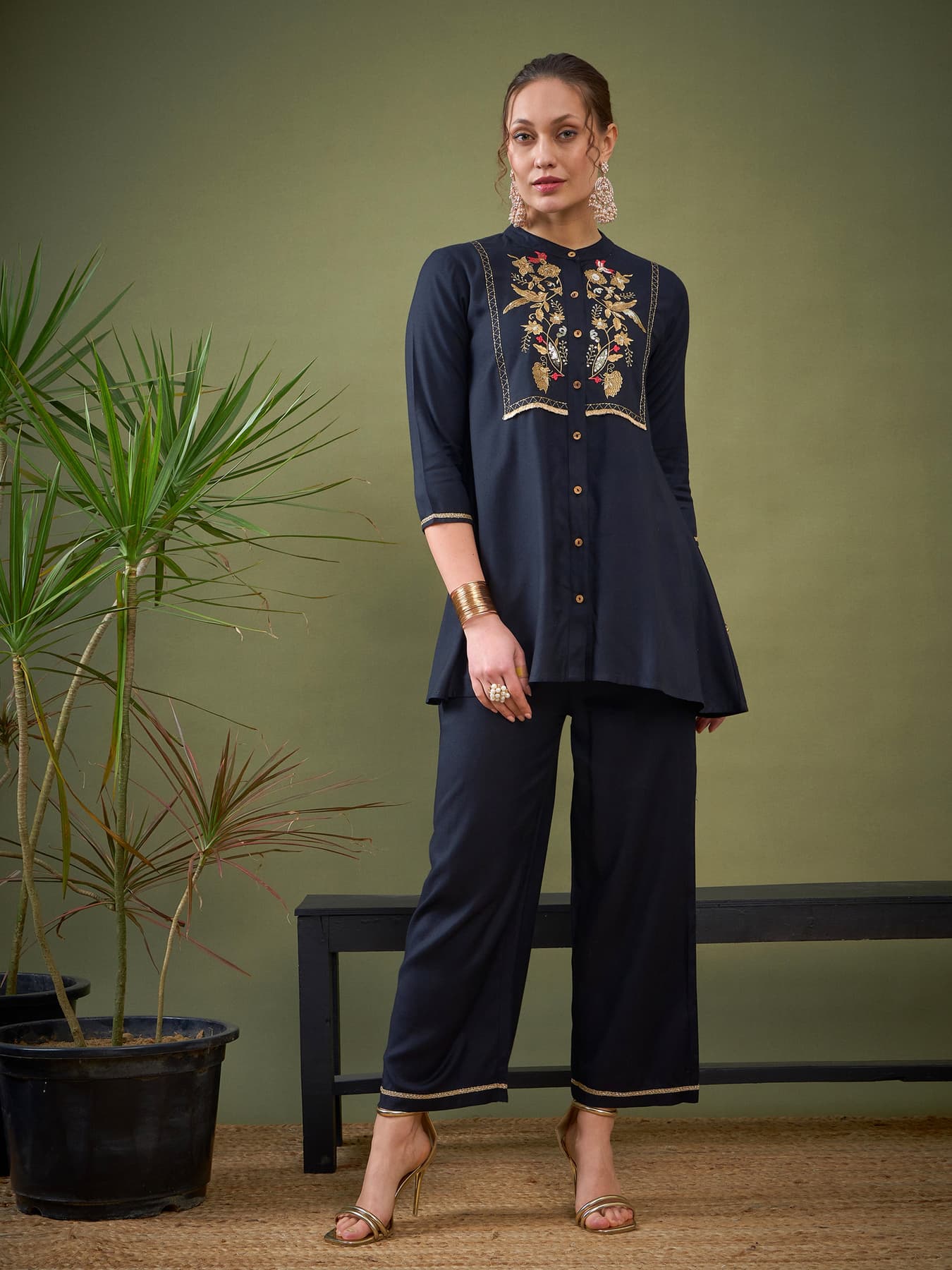 Women's Black Festive Front Yoke Embroidered Shirt With Palazzos