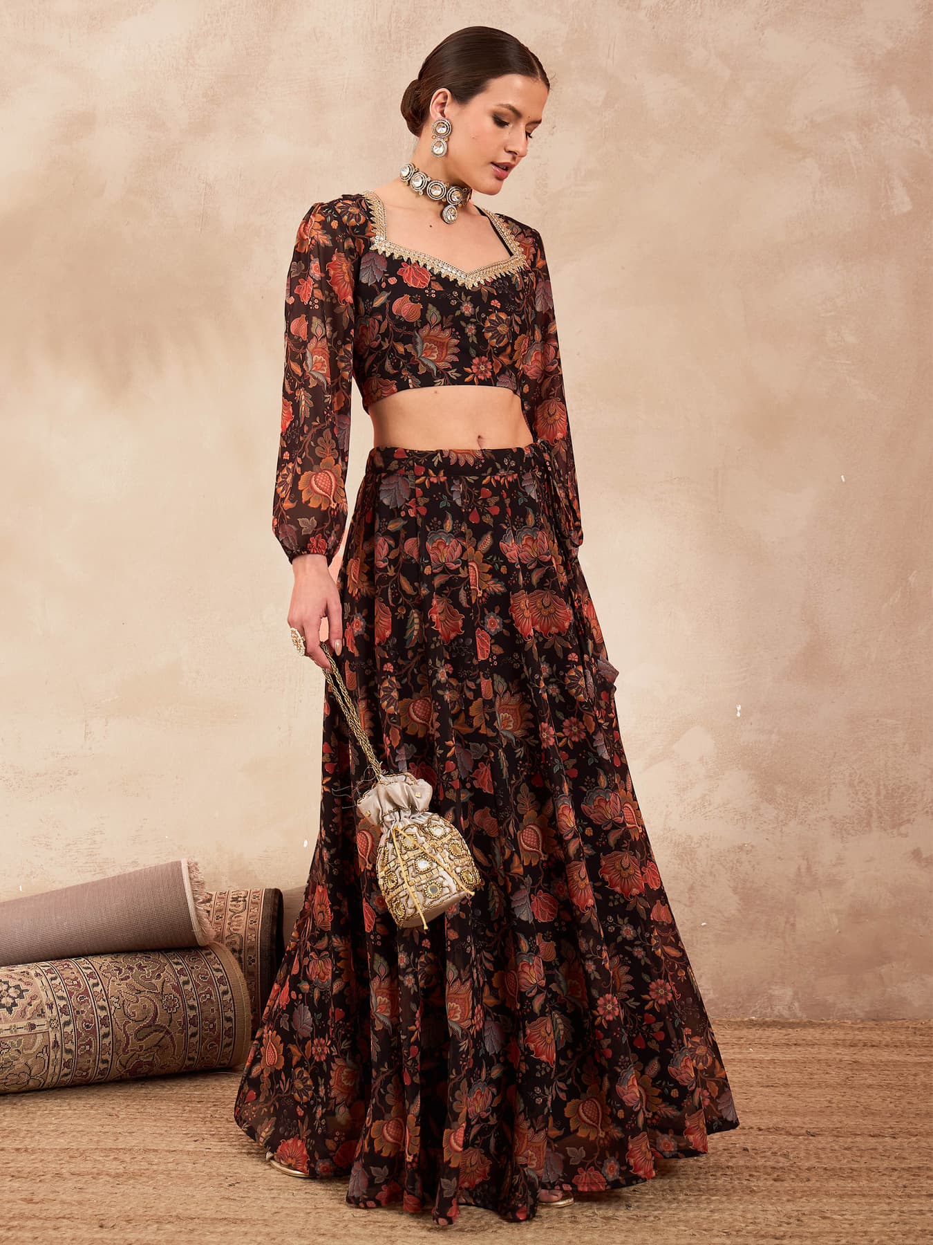 Women's Brown Festive Floral Crop Top With Anarkali Skirt