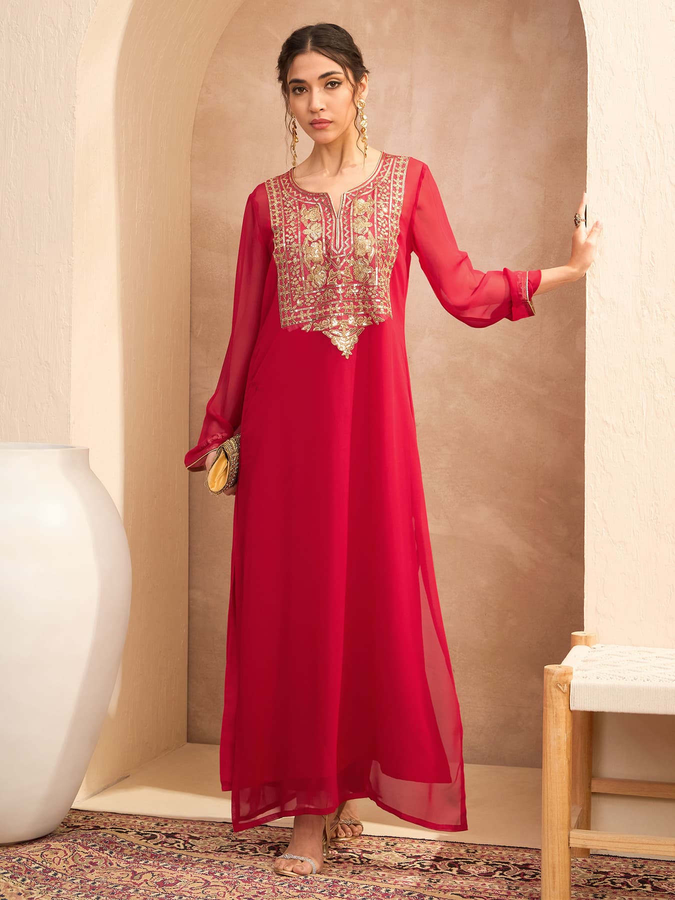 Women's Red Festive Embroidered Round Neck Abaya Dress