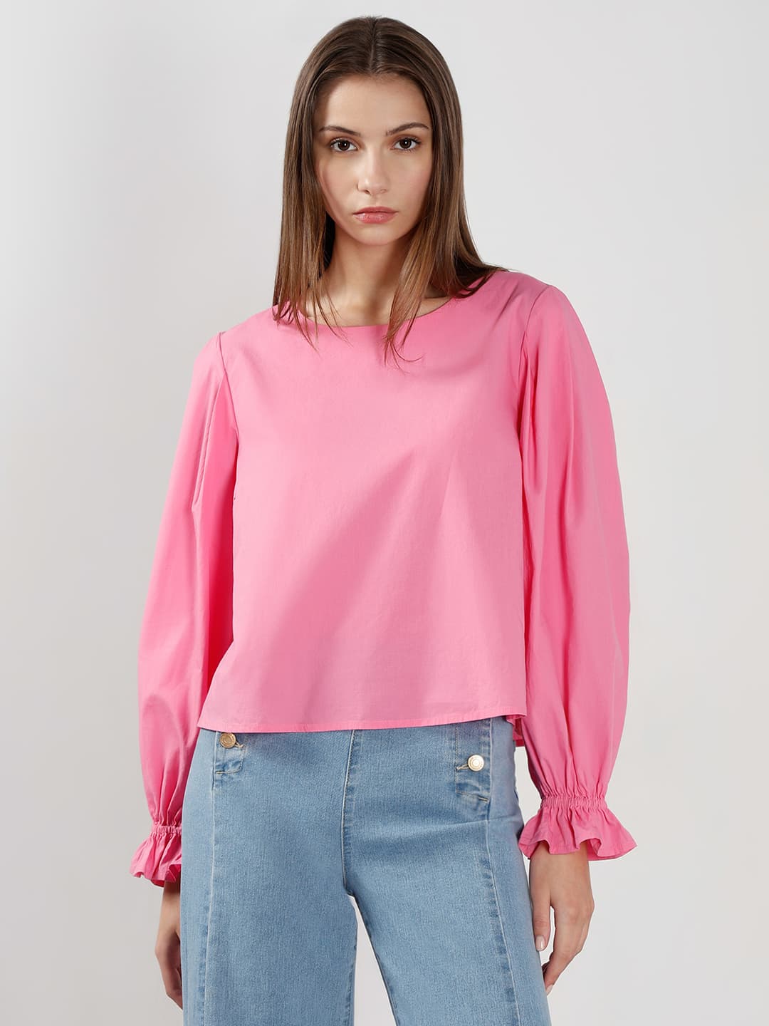 Women's Pink Casual Regular Fit Full Sleeves Solid Top