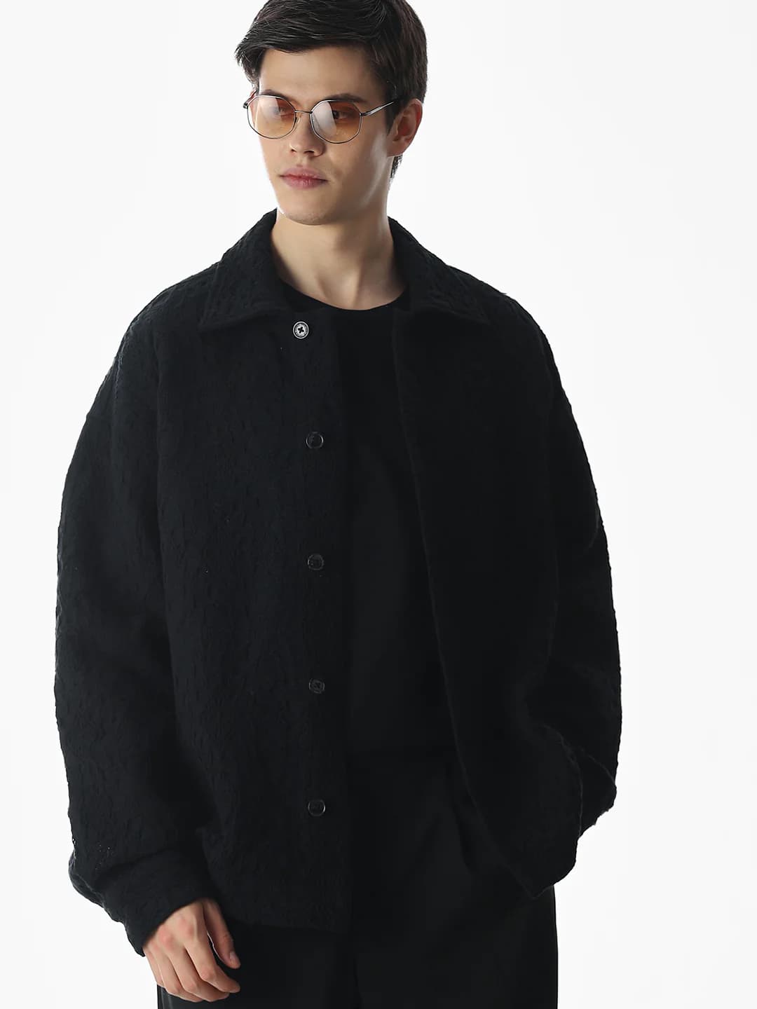 Men's Black Casual Full Sleeves Self-Design Cotton Shirt