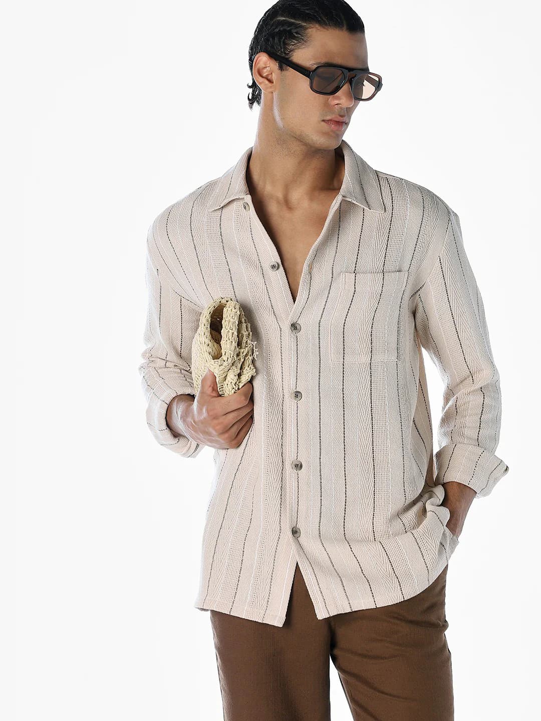 Men's Beige Casual Full Sleeves Striped Cotton Shirt