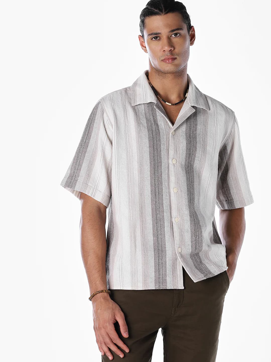 Men's Grey Casual Half Sleeves Striped Cotton Shirt