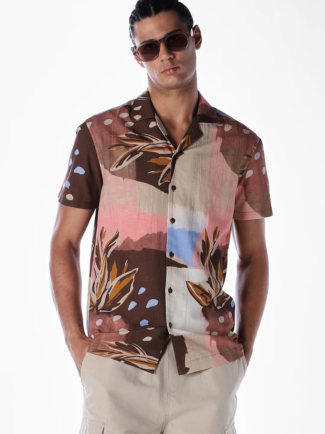 Men's Brown Casual Half Sleeves Printed Shirt
