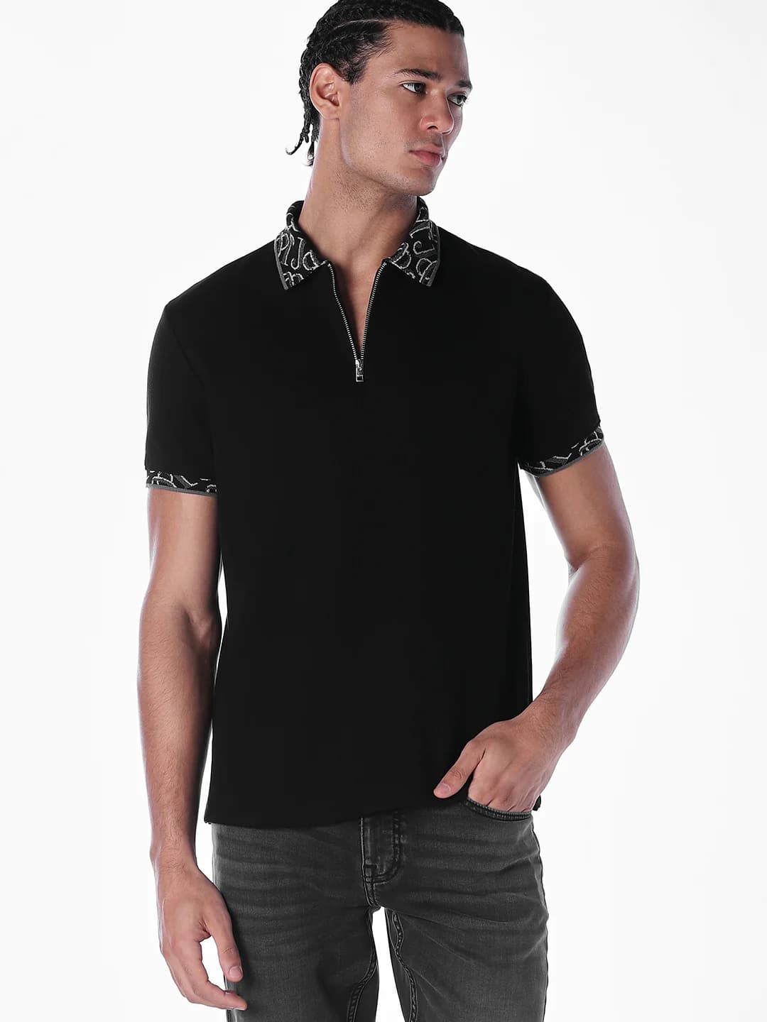 Men's Black Casual Half Sleeves Textured Polo Tshirt
