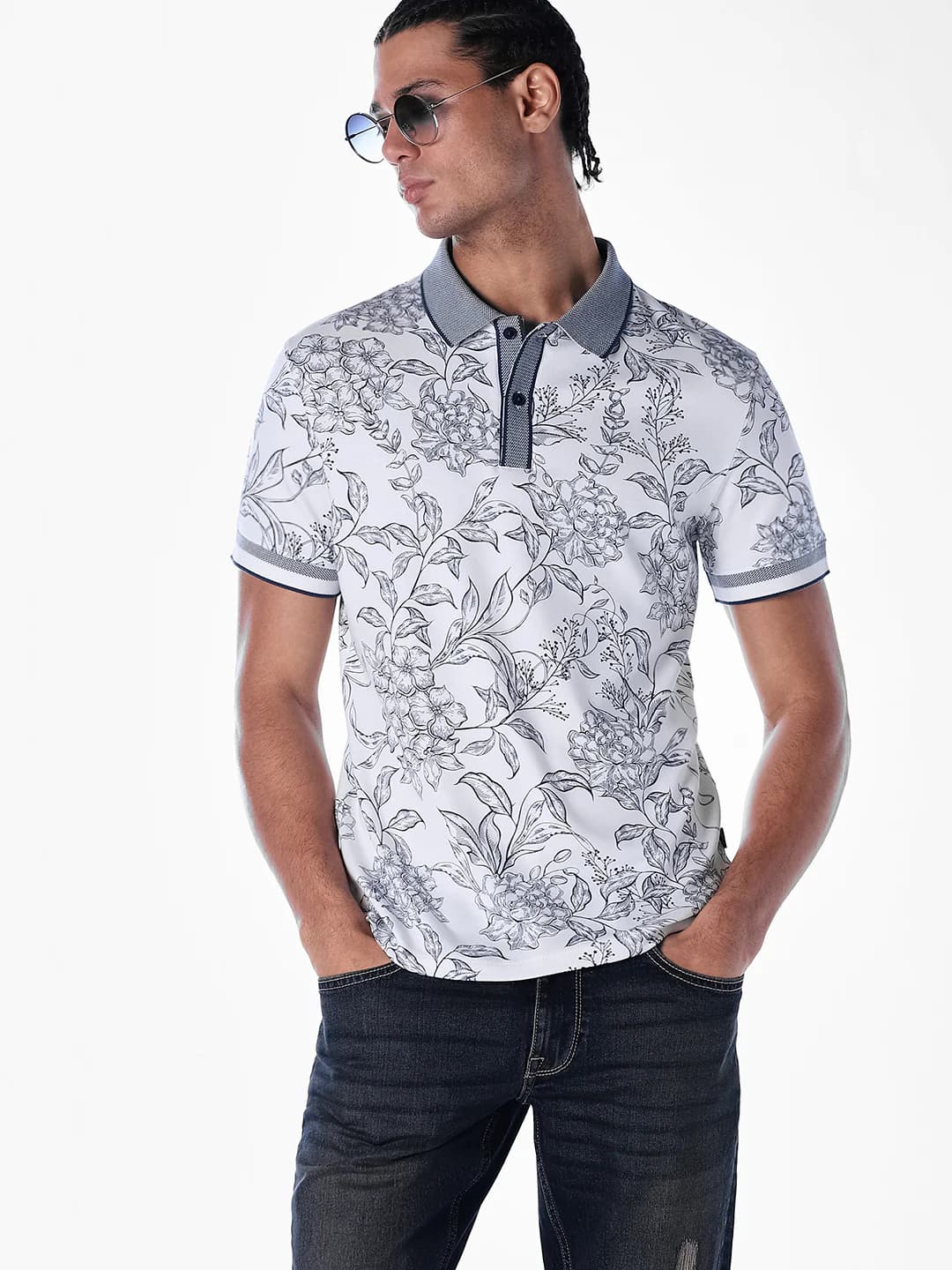 Men's White Casual Half Sleeves Floral Polo Tshirt