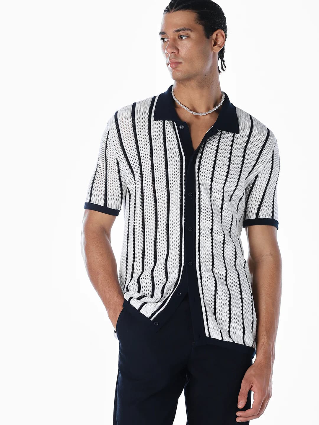 Men's White Casual Half Sleeves Striped Cotton Shirt