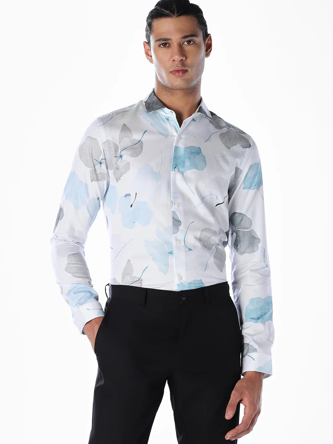 Men's White Casual Full Sleeves Floral Cotton Shirt