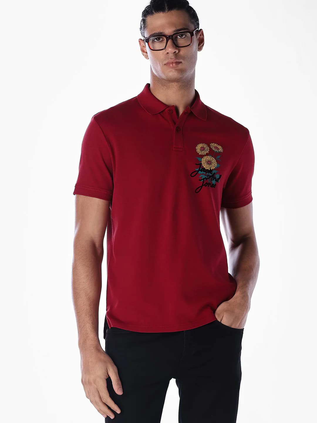 Men's Red Casual Half Sleeves Self-Design Polo Tshirt