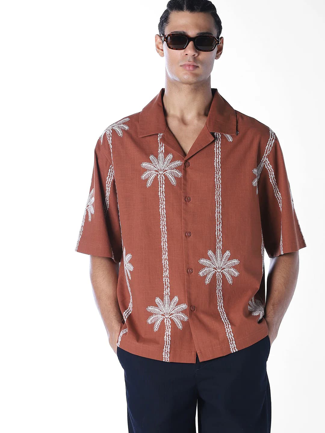 Men's Brown Casual Half Sleeves Self-Design Cotton Shirt