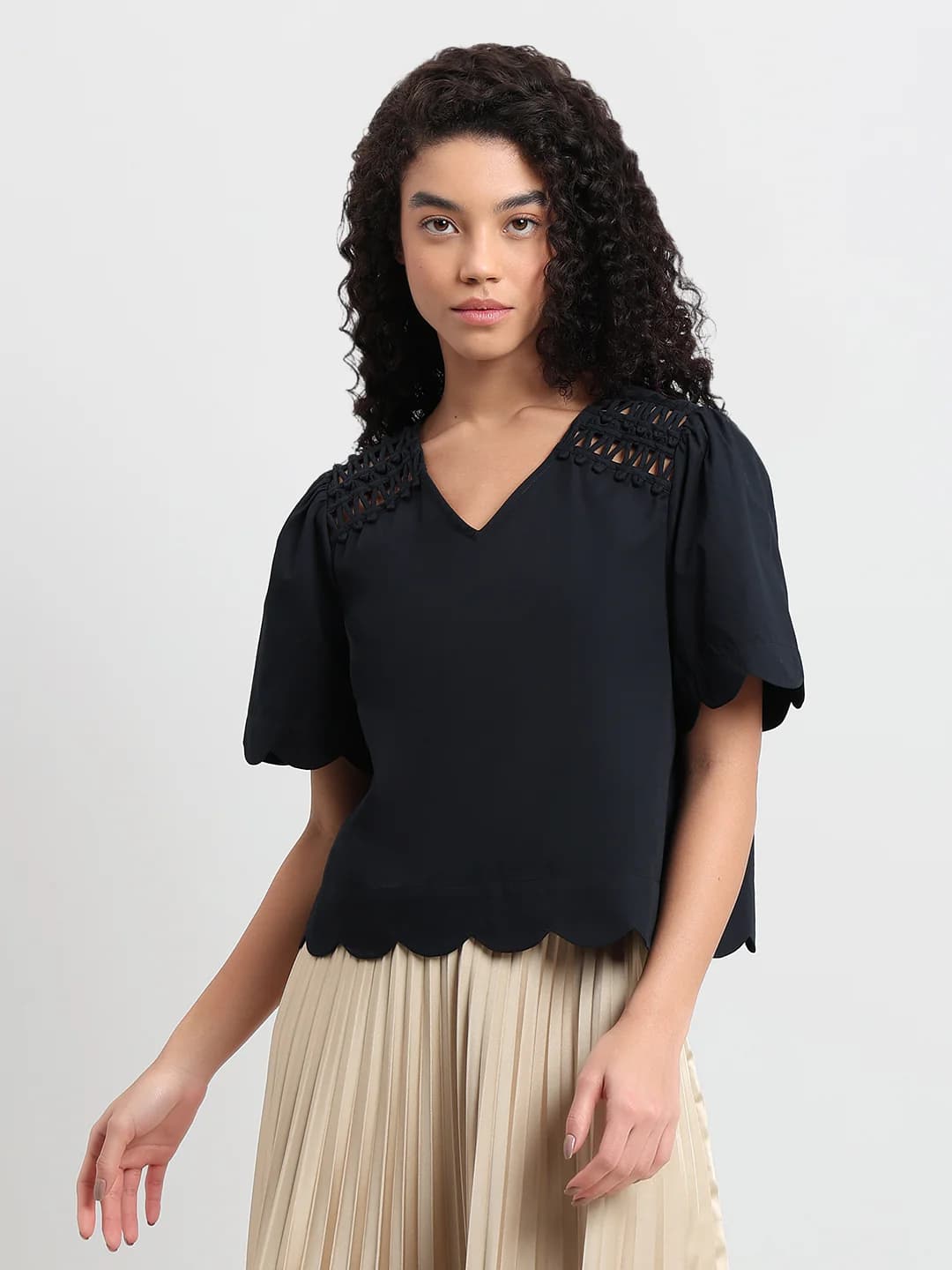 Women's Black Casual Half Sleeves Solid Tops