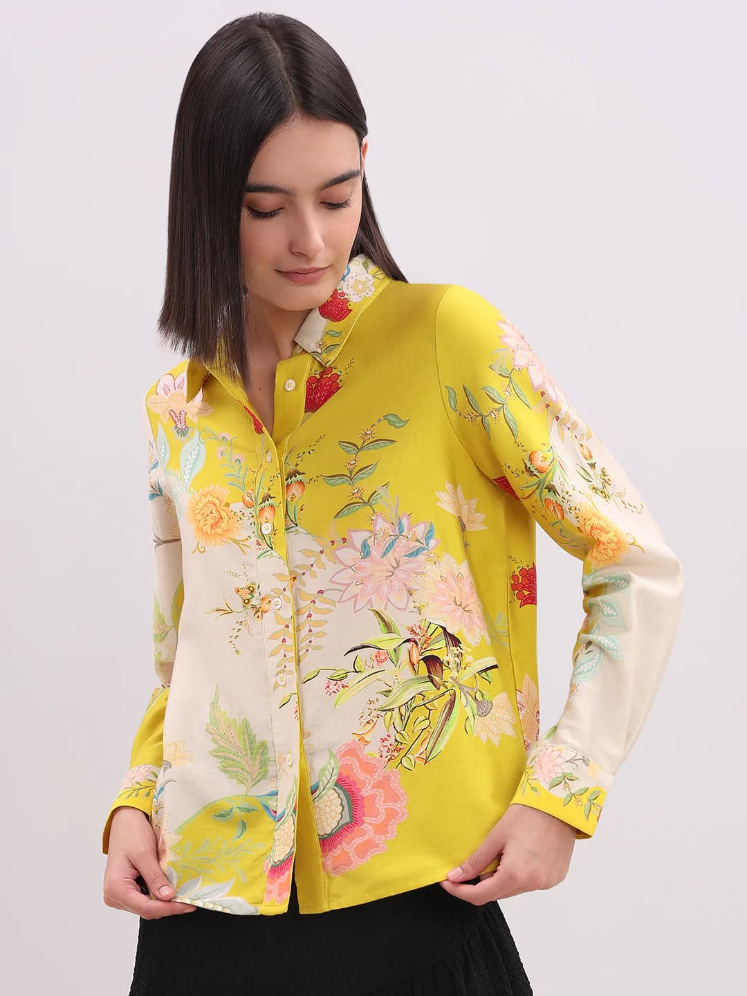 Women's Yellow Casual Full Sleeves Floral Shirt