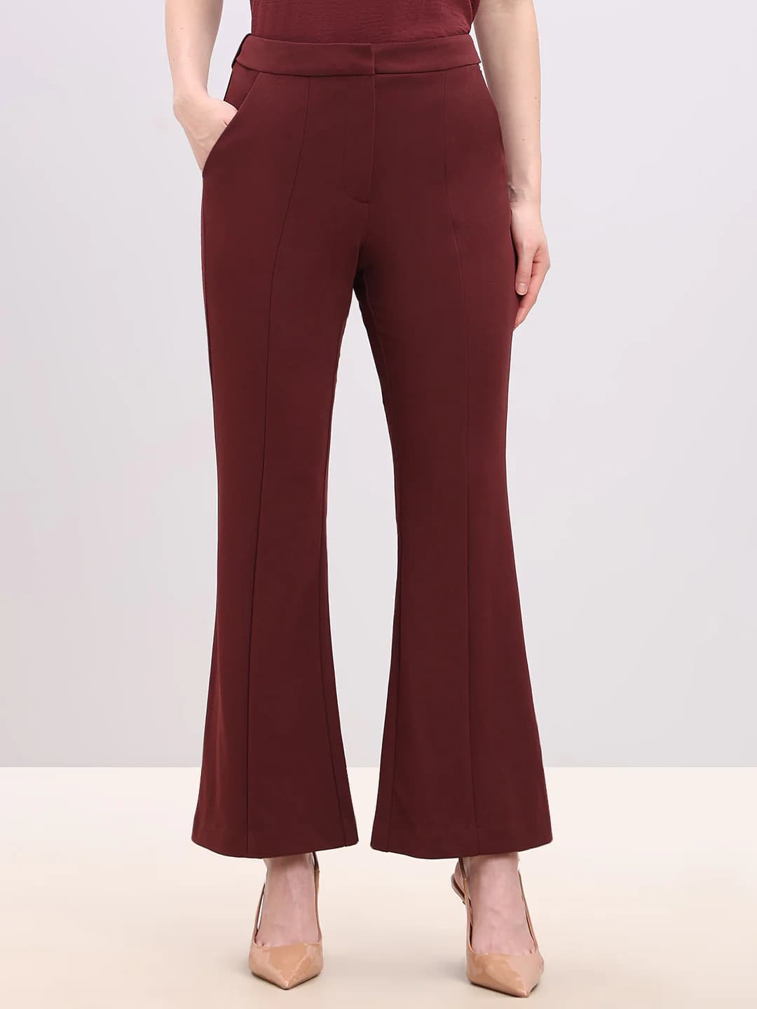 Women's Red Casual Flared Fit High Rise Trouser