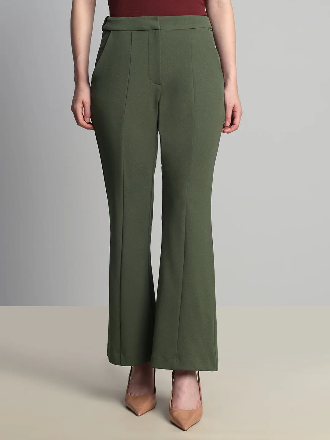 Women's Green Casual Flared Fit High Rise Trouser