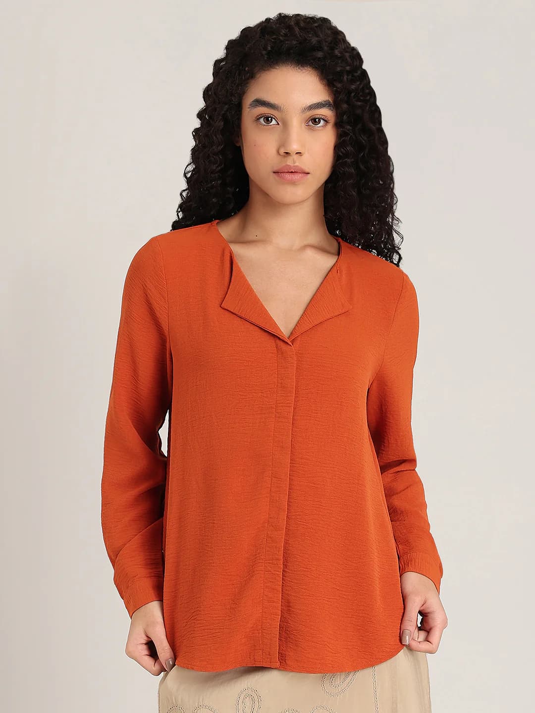 Women's Orange Casual Full Sleeves Tops