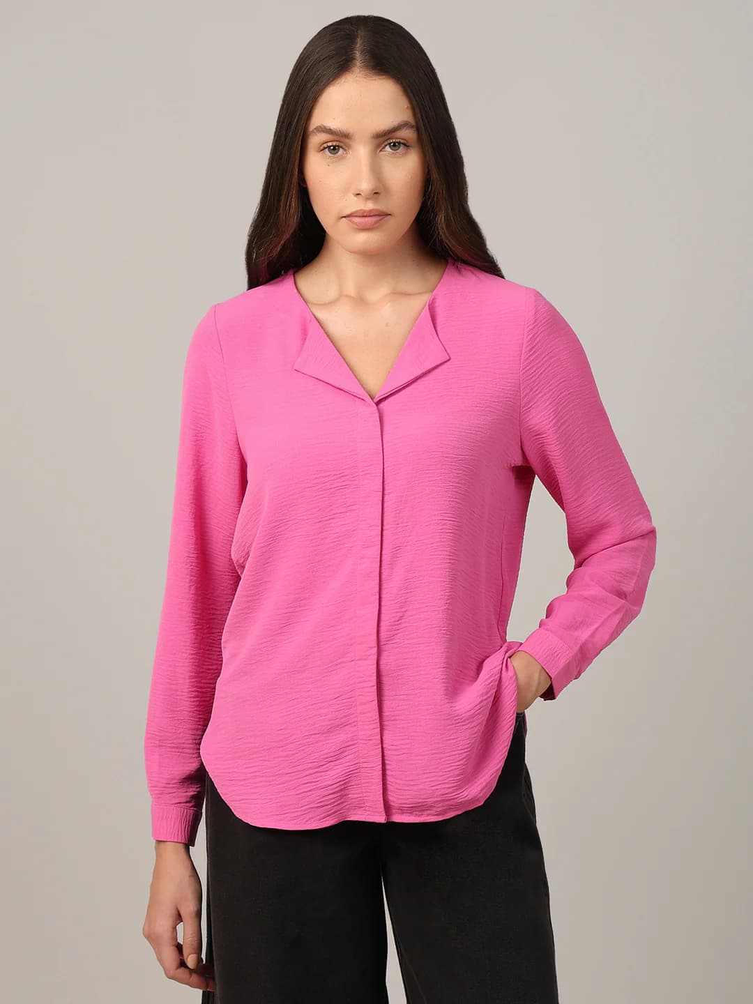 Women's Pink Casual Full Sleeves Tops