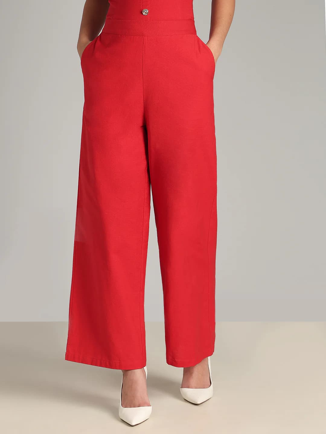 Women's Red Casual Straight Fit High Rise Trouser