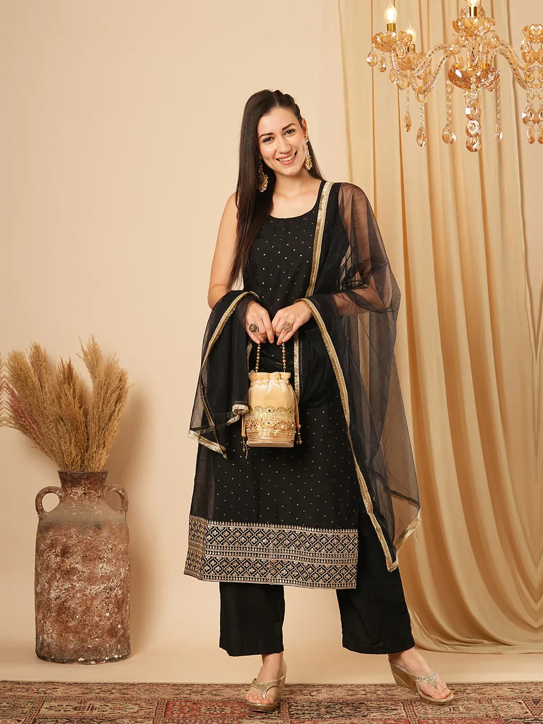 Women's Black Gold Foil Polka Dots Sequinned Border Straight Kurta, Elasticated Trouser and Fringe Dupatta Festive Set