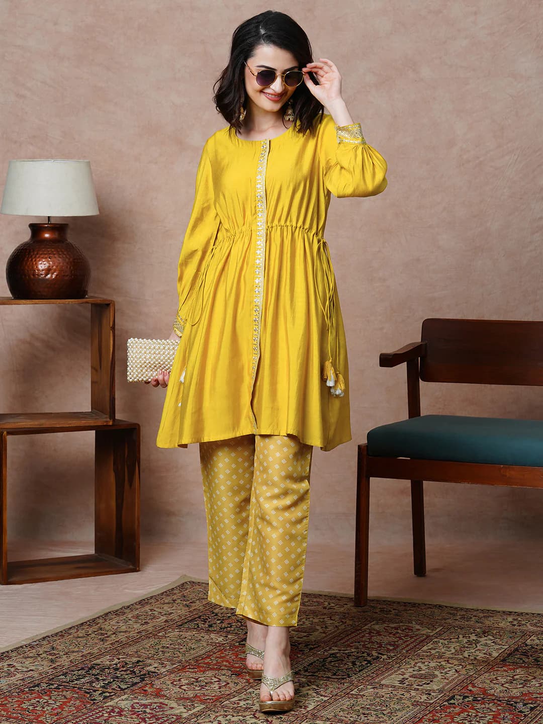 Women's Yellow Tunic and Bandhani Print Straight Trouser Co-Ord Set