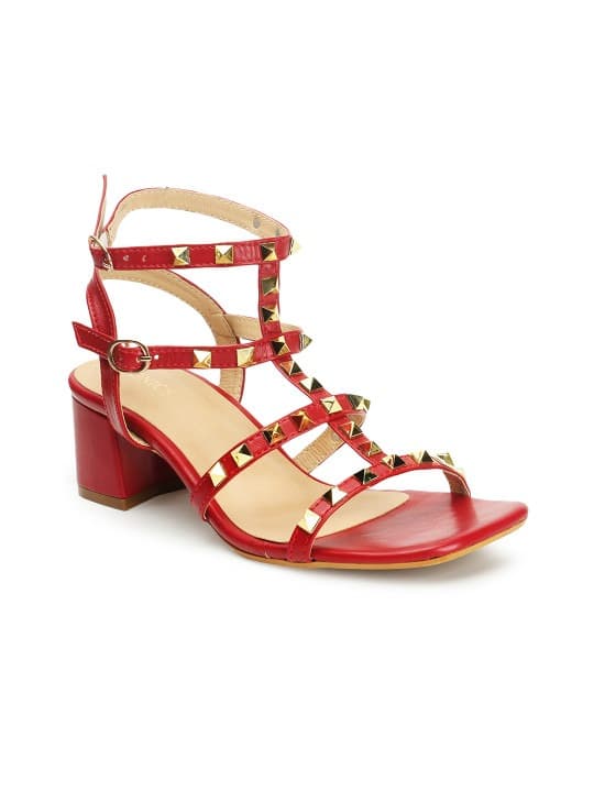 Women's Red Embellished Open Toe Block Heeled Sandals Gladiators
