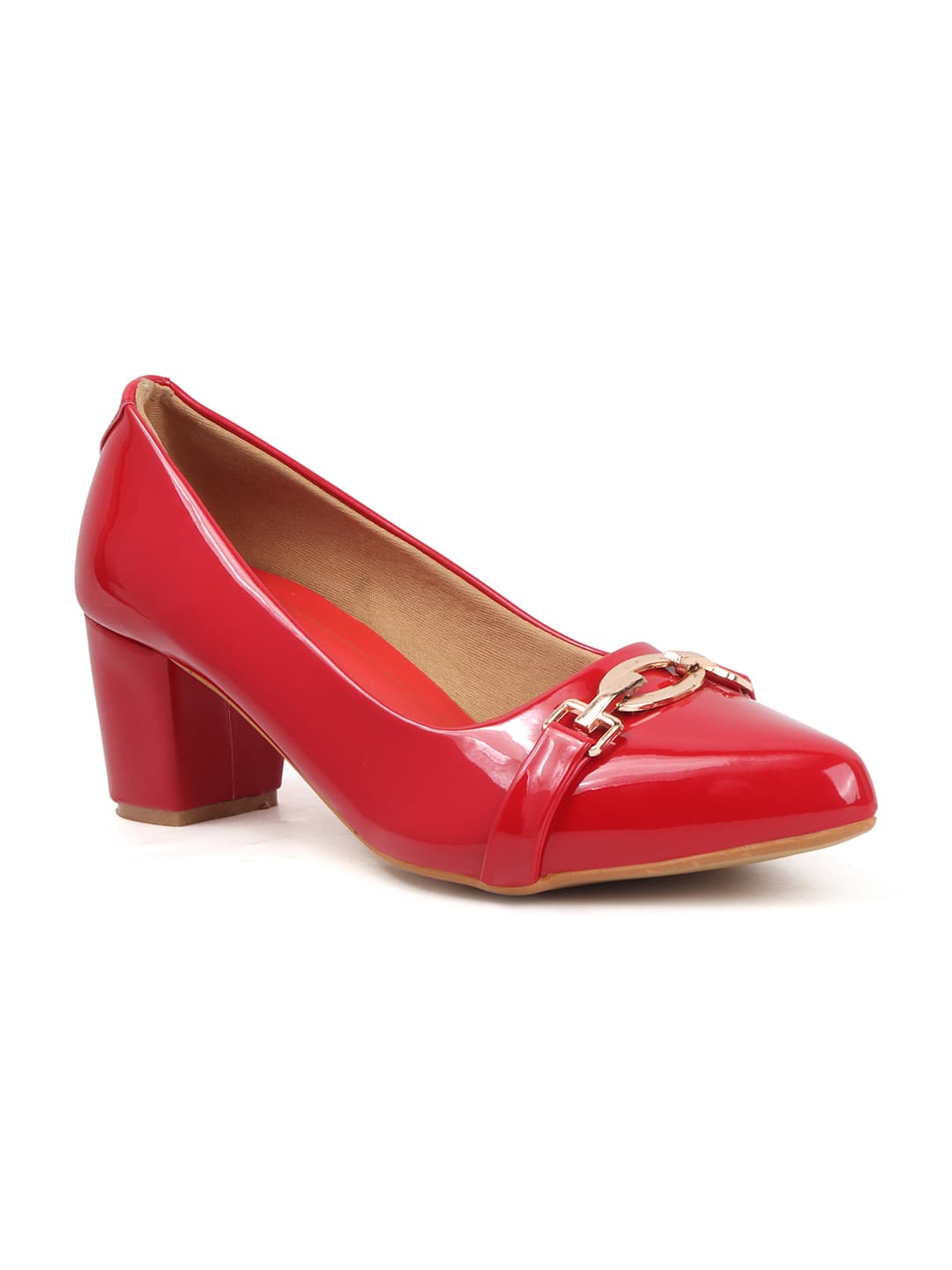 Women's Red Solid Slip-On Block Heeled Pump