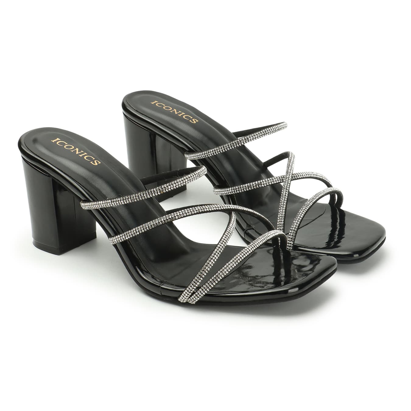 Women's Black Embellished Open Toe Block Heeled Sandal