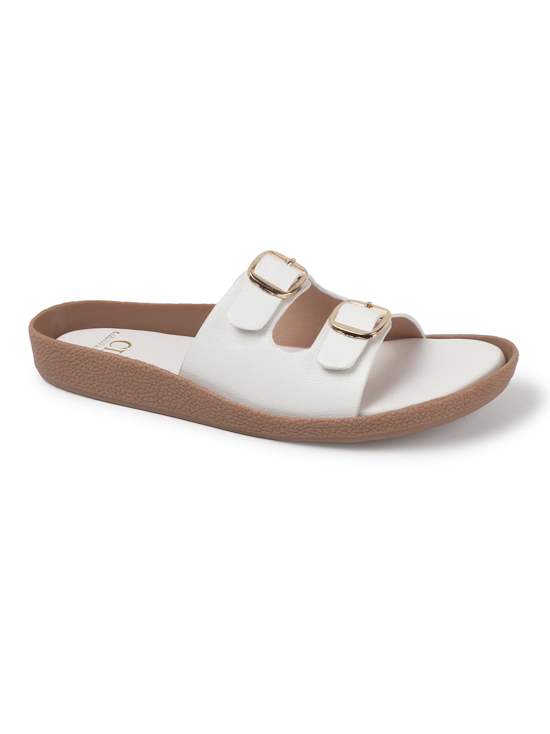 Women's White Double Buckle Comfort Slides
