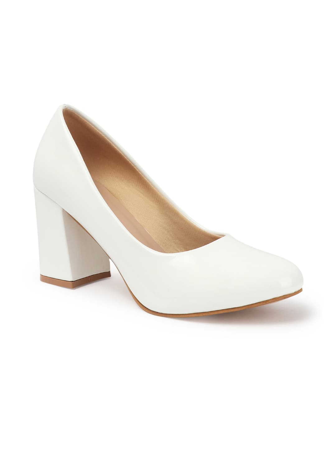 Women's Off White Solid Slip-On Block Heeled Pump