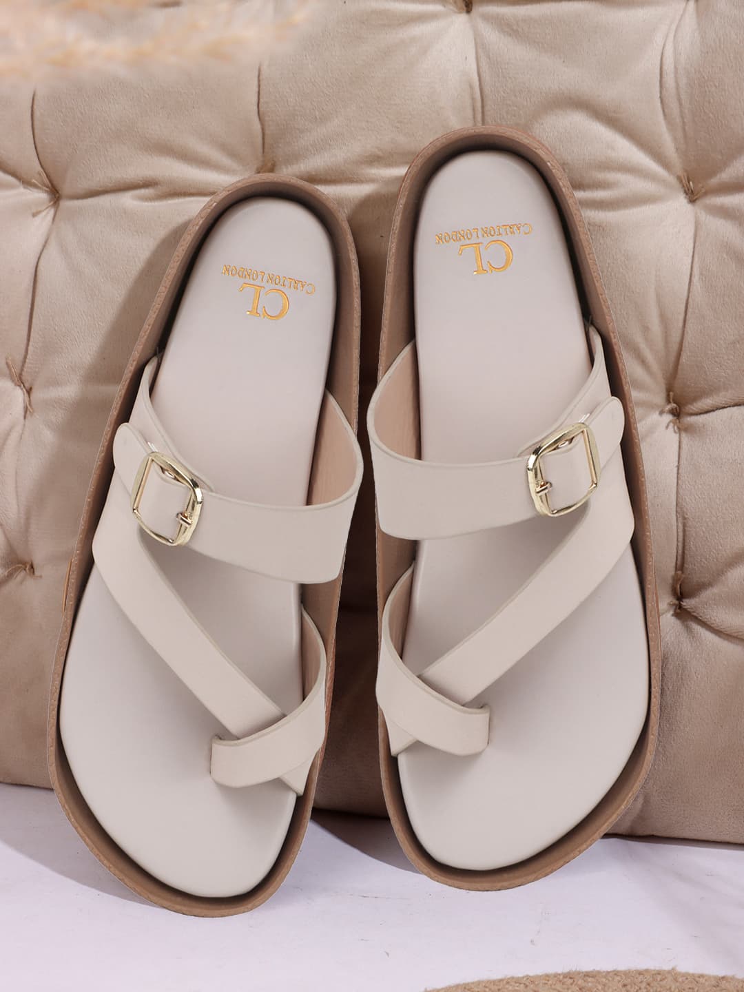 Women's Cream Toe-Loop Buckle Slides