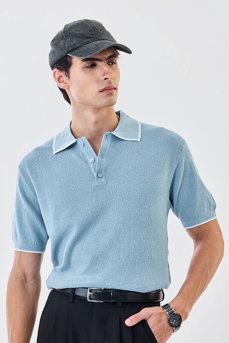 Men's Blue Casual Regular Fit Textured Half Sleeves Polo Tshirt