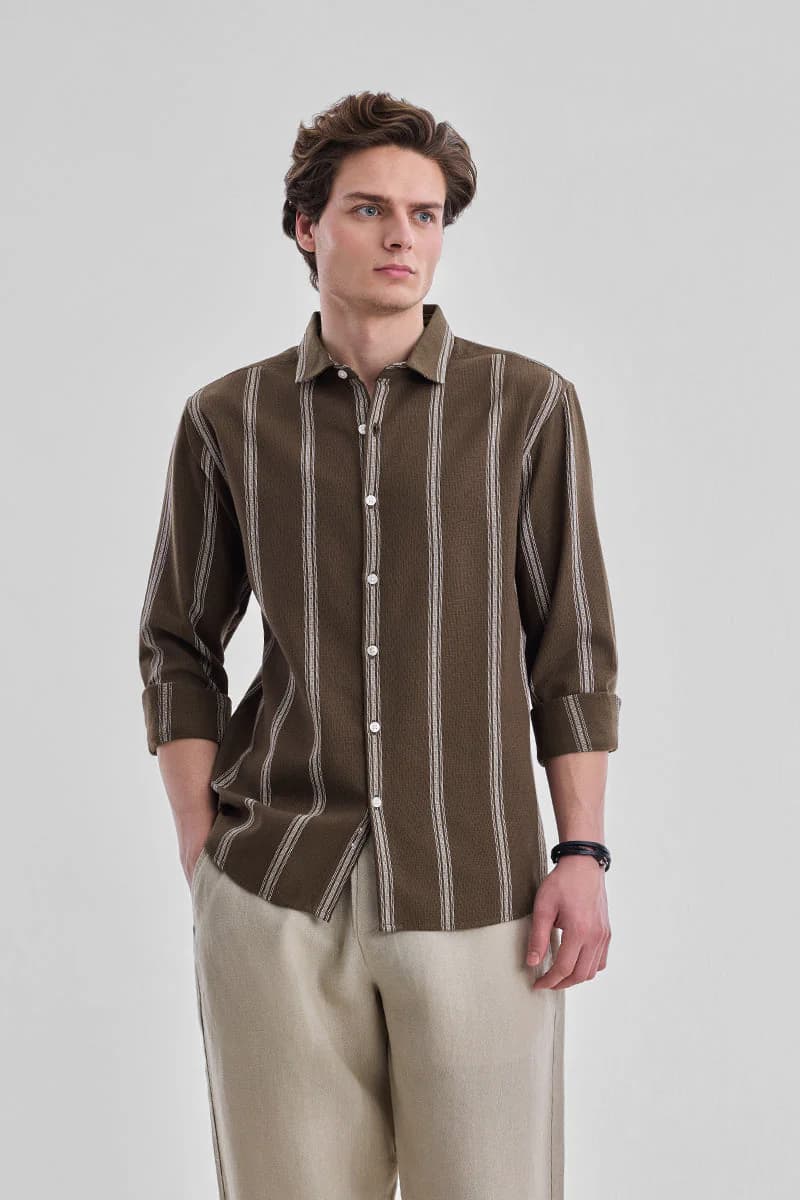 Men's Brown Casual Regular Fit Striped Full Sleeves Cotton Shirt