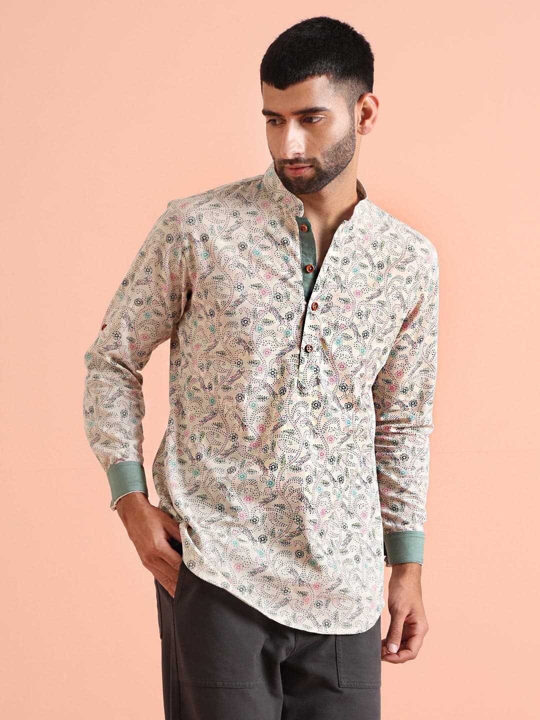 Men's Multicolor Festive Full Sleeves Cotton Short Kurta
