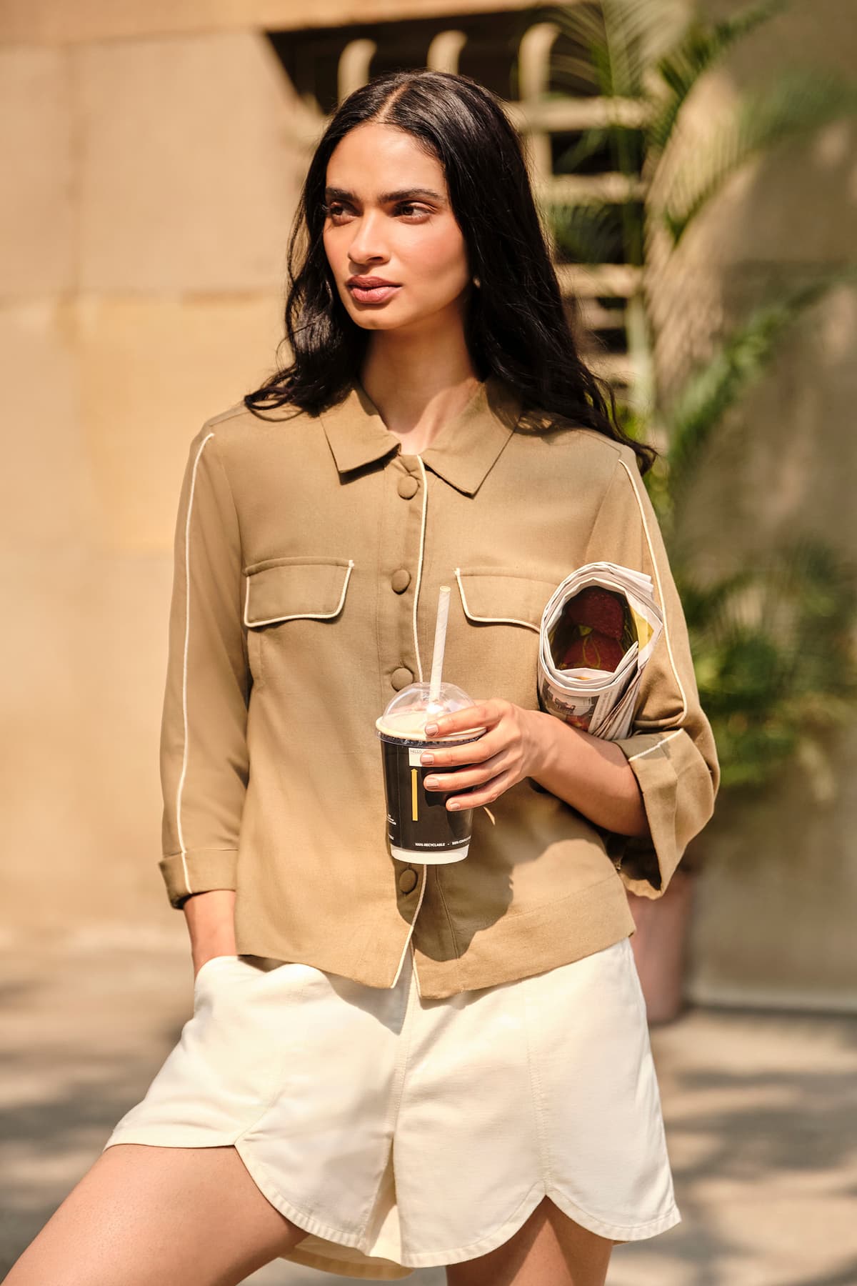 Women's Beige Casual Solid Full Sleeves Jacket