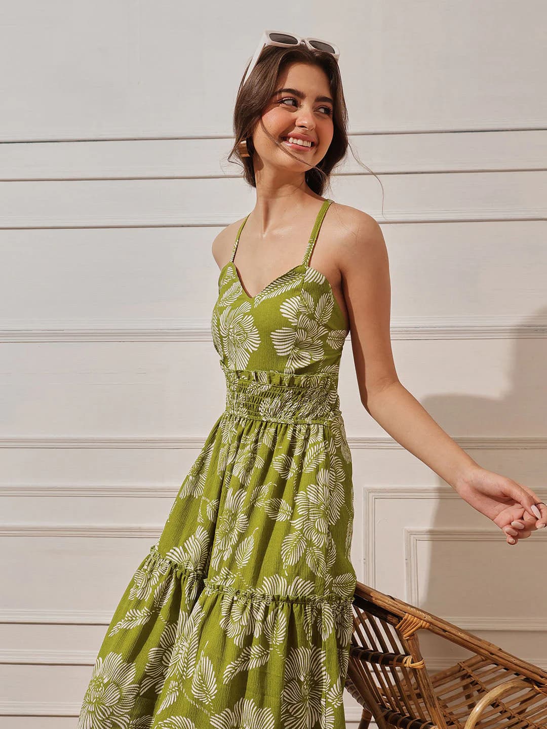 Women's Green Casual Printed Flared Fit Shoulder Strap Maxi Length Dress