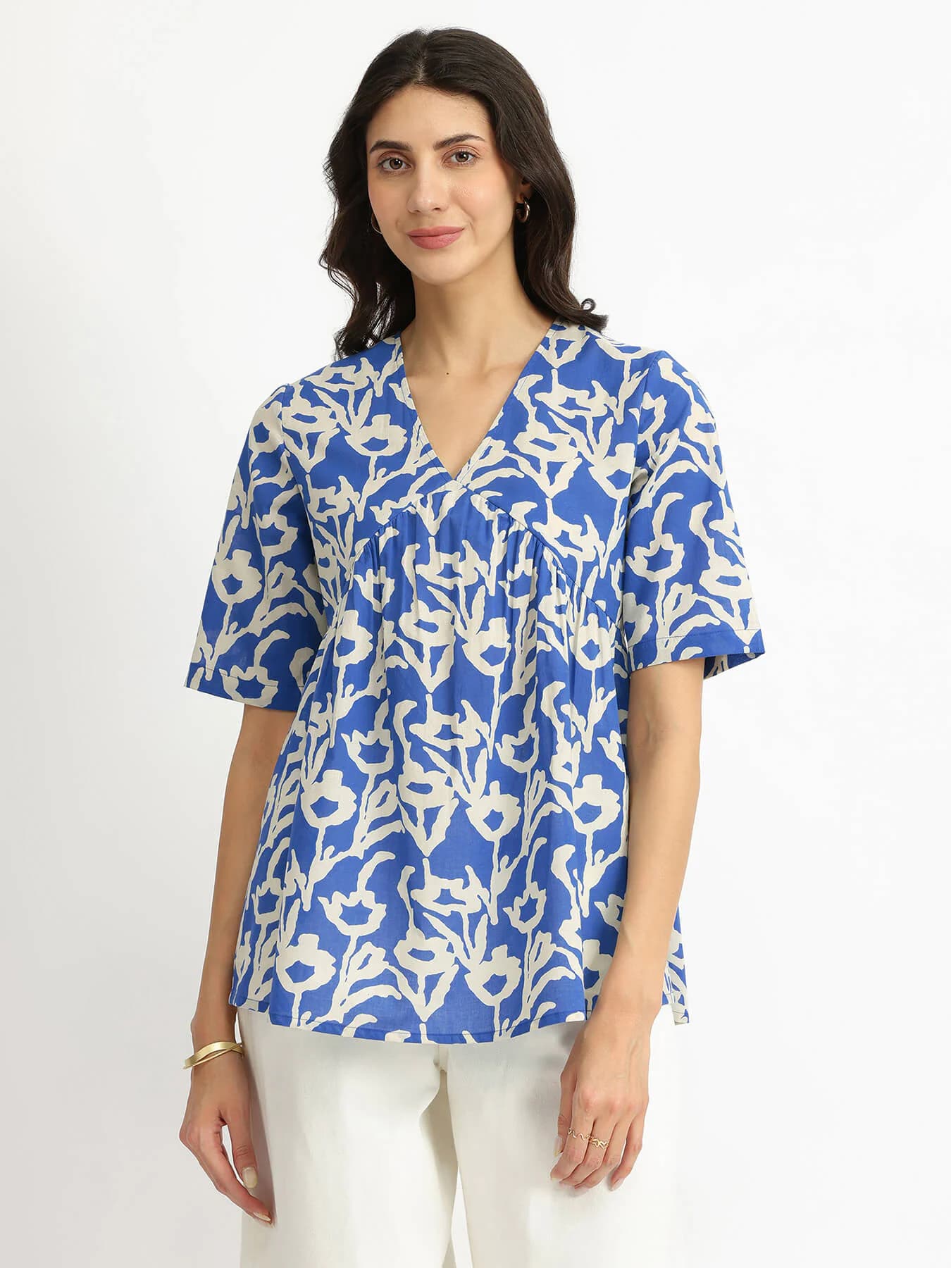 Women's Blue Casual Floral V-Neck Top
