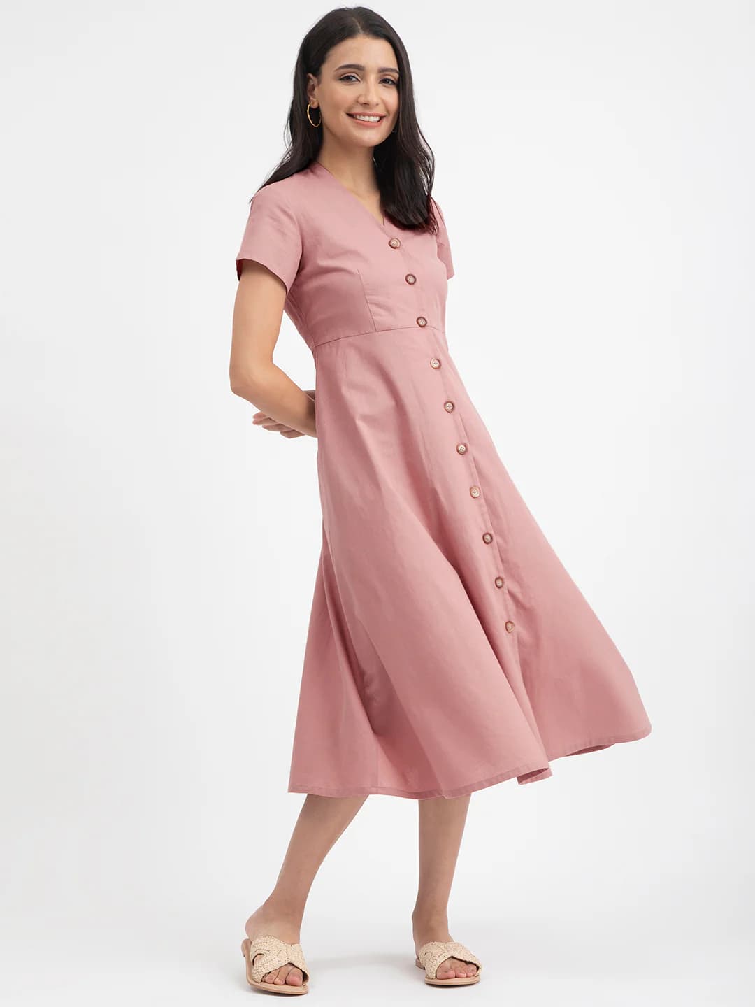 Women's Pink Casual Solid V-Neck Dress