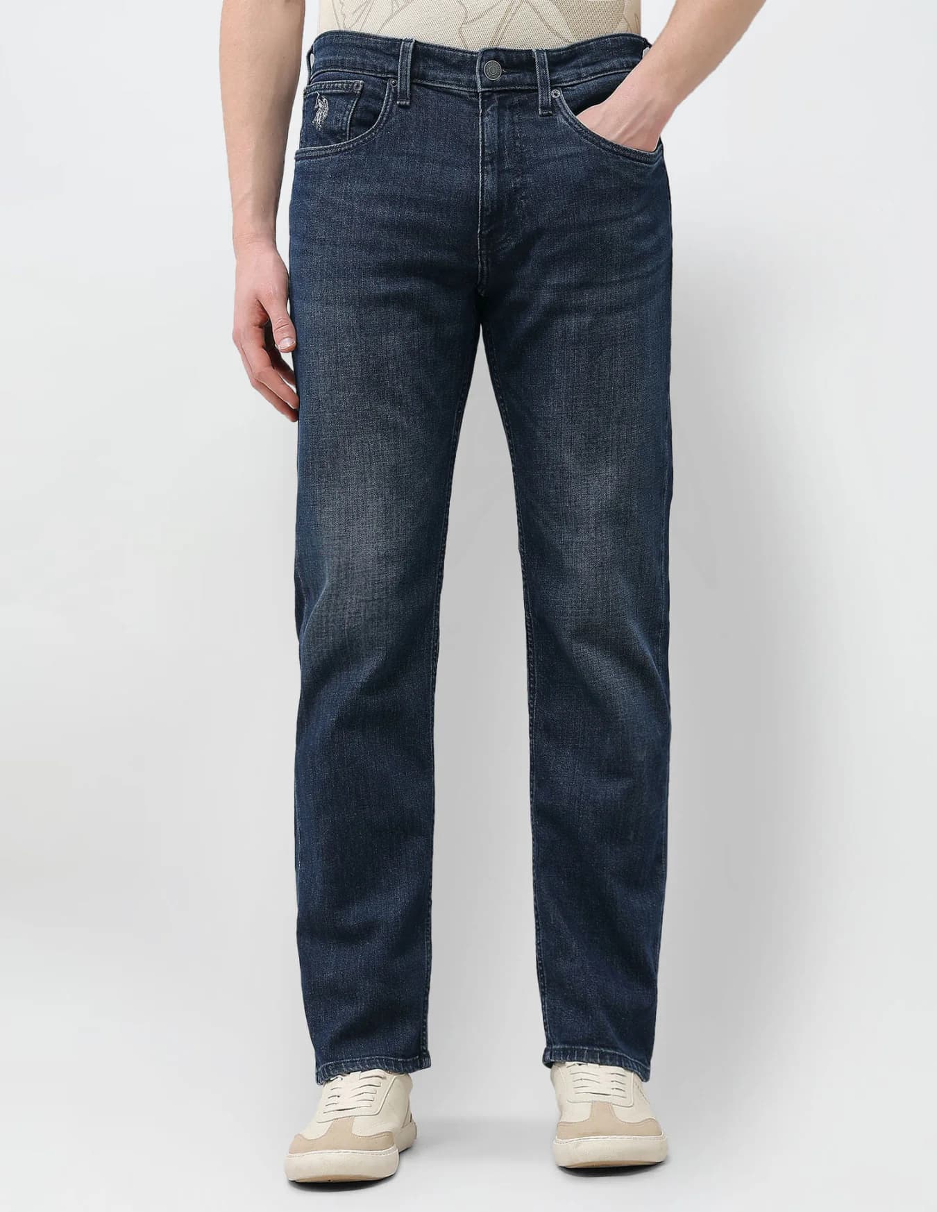 Men's Blue Casual Slim Fit Mid Rise Faded Jeans