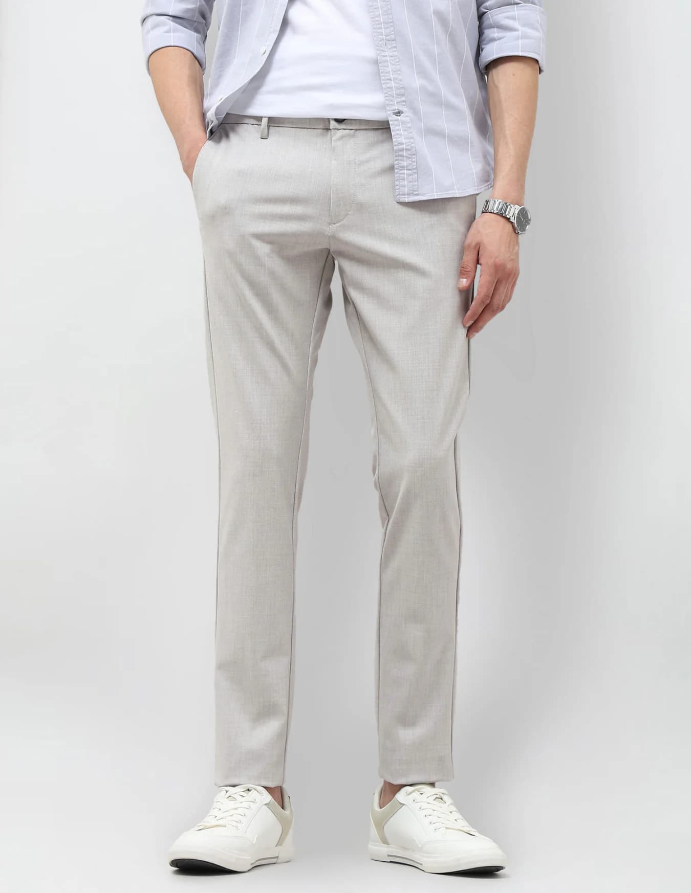 Men's Grey Casual Slim Fit Mid Rise Non-Faded Trouser
