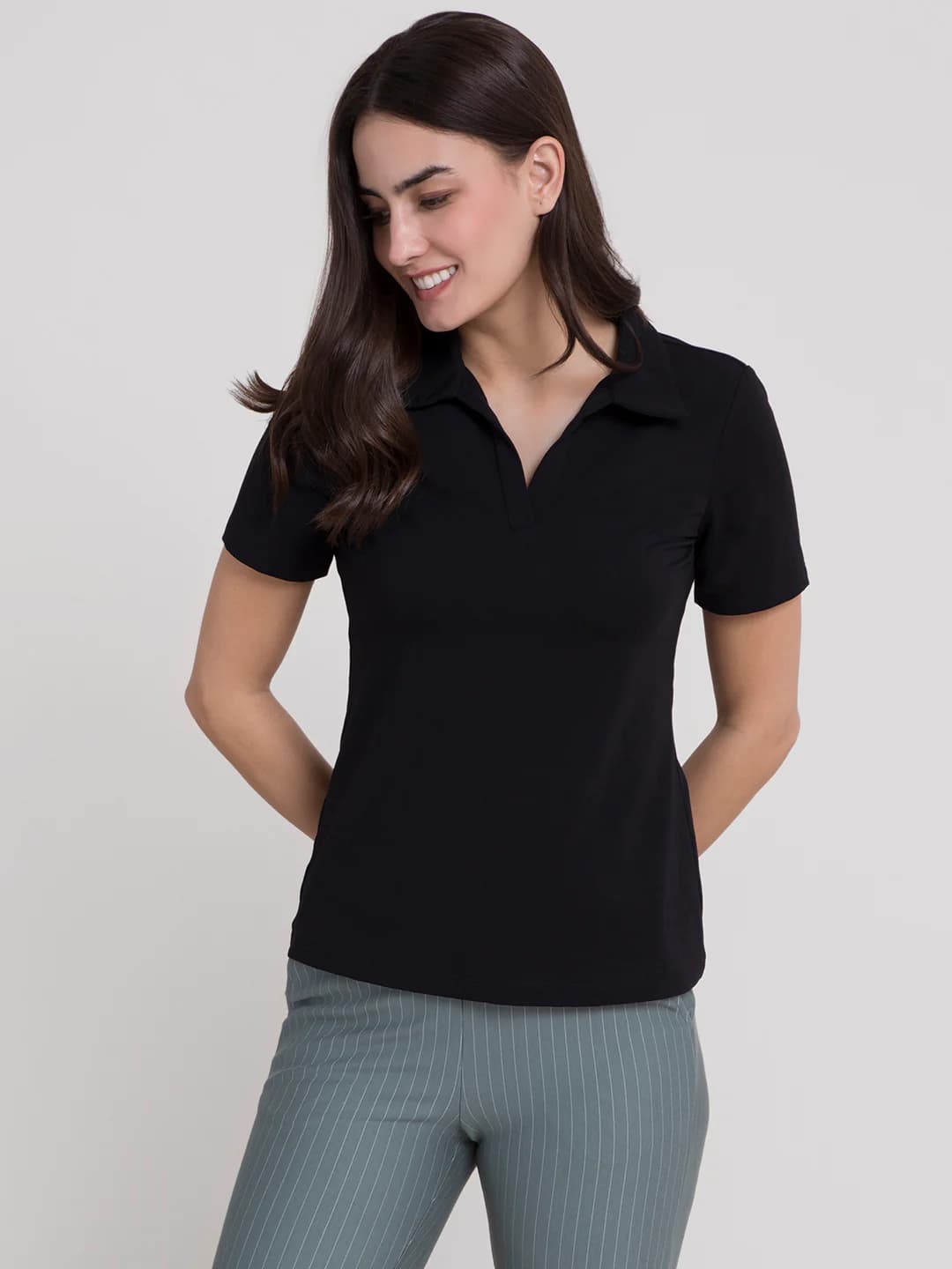 Women's Black 4 Way Stretch Collared LivIn Tshirt
