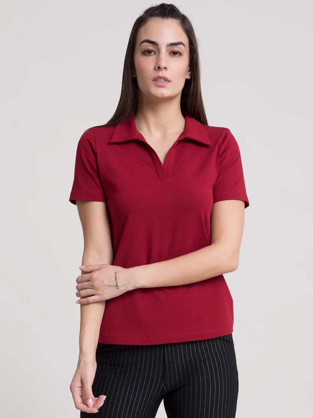 Women's Red 4 Way Stretch Collared LivIn Tshirt