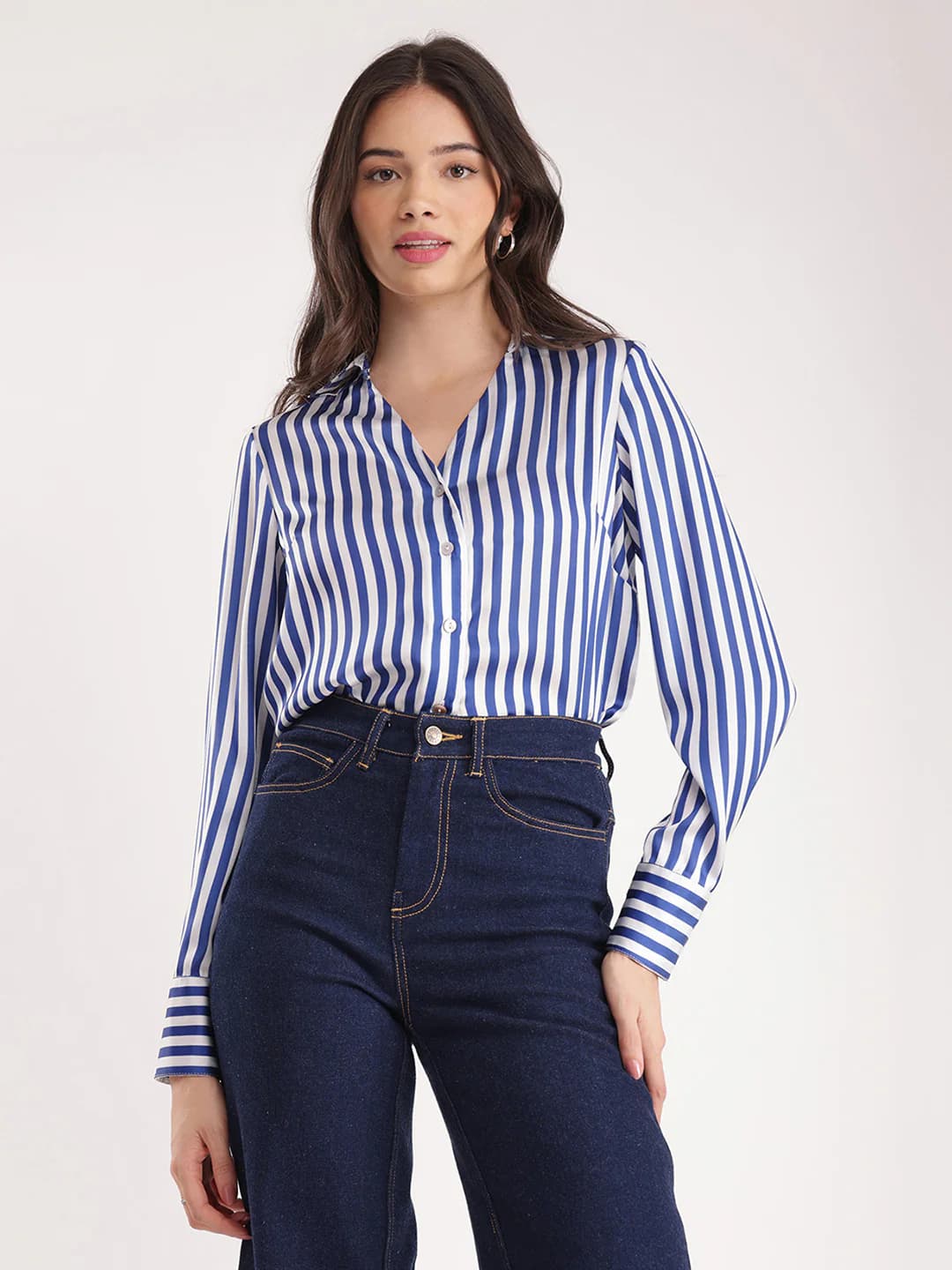 Women's Blue Casual Satin Stripes Shirt