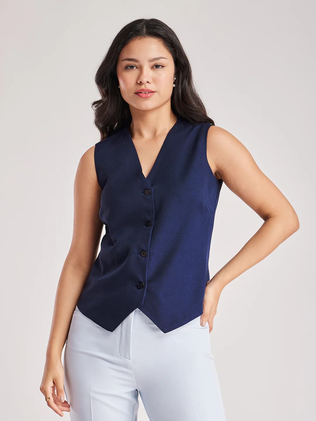 Women's Navy Casual Front Button Waistcoat