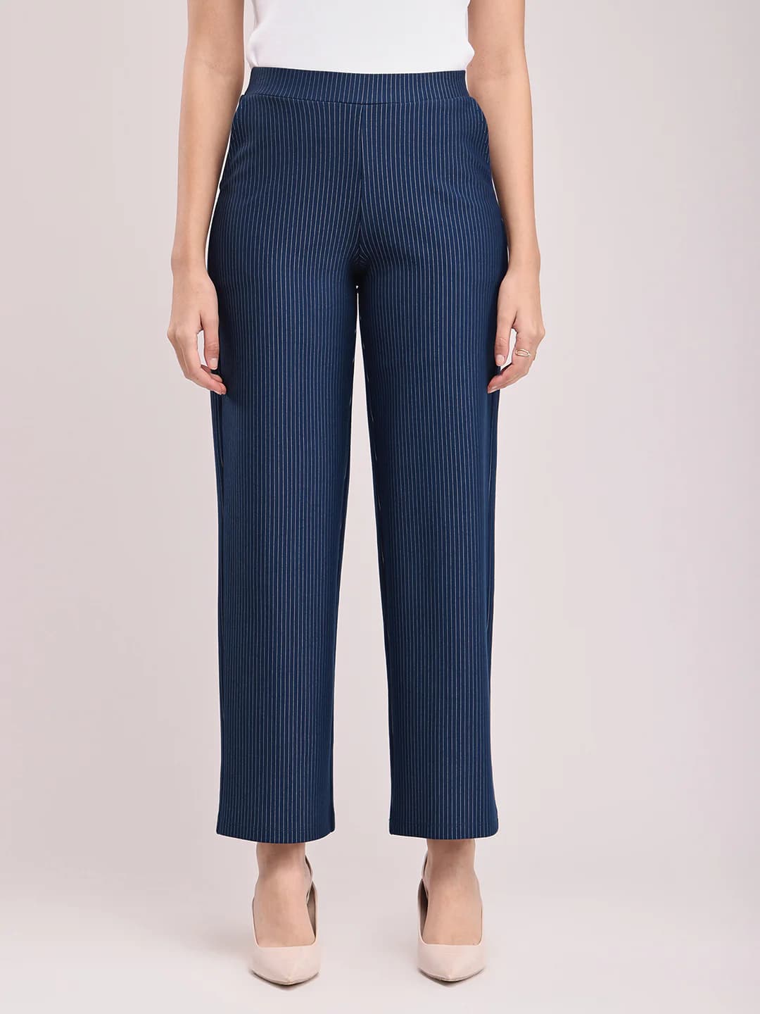 Women's Navy Livin Striped Wide Leg Trouser