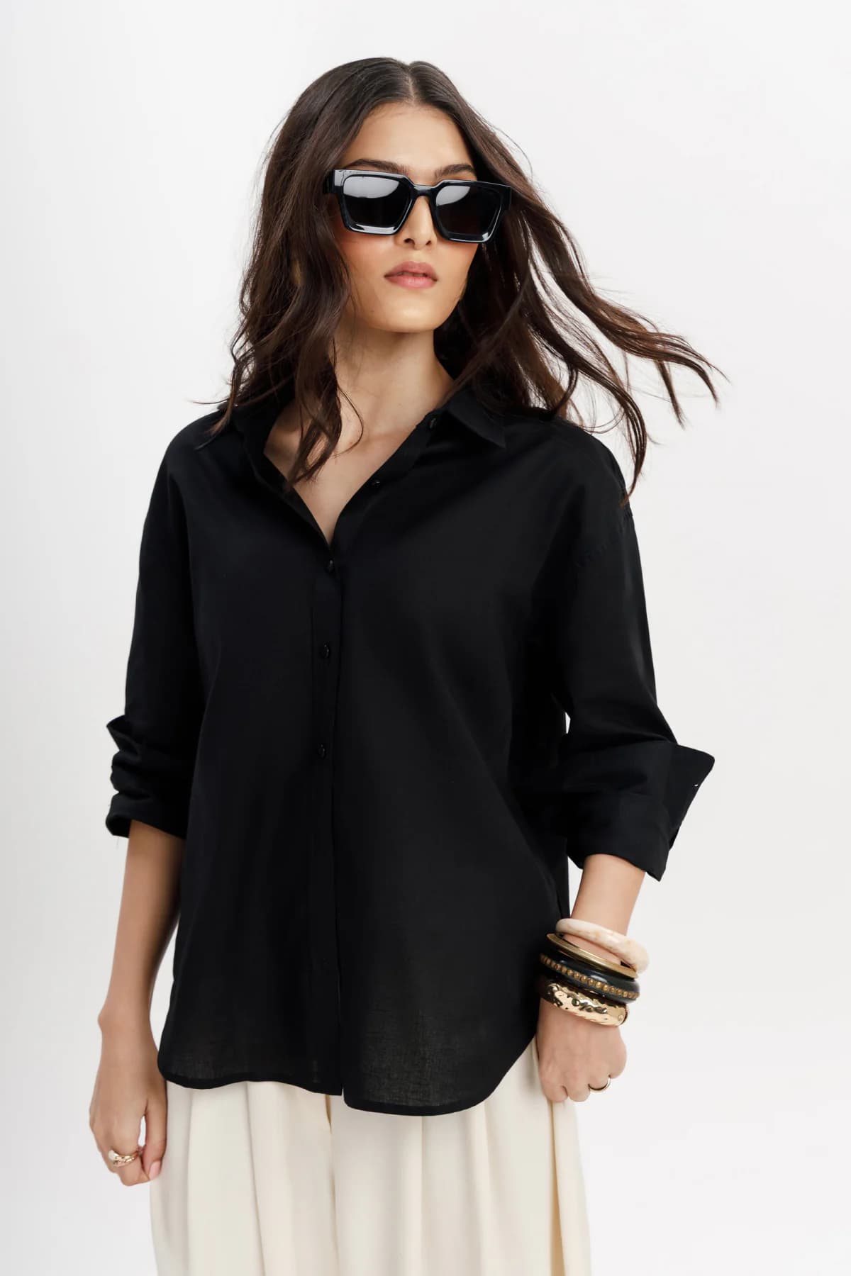 Women's Black Casual Solid Full Sleeves Regular Fit Linen Shirt
