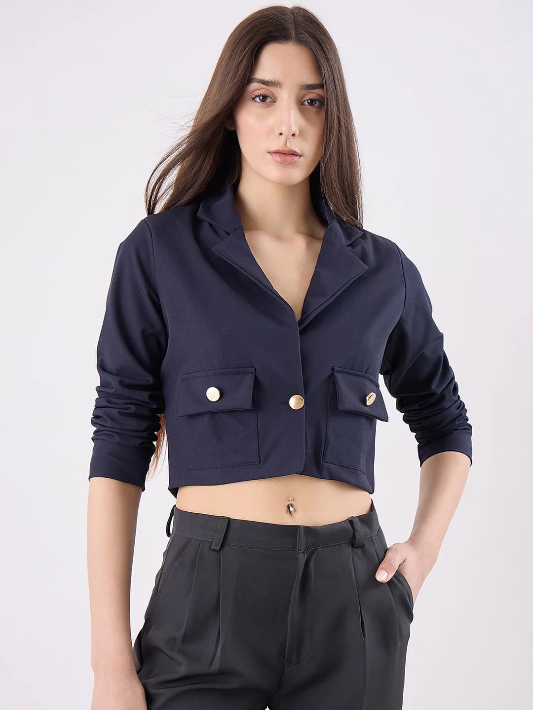 Women's Navy Casual Solid Full Sleeves Regular Fit Top