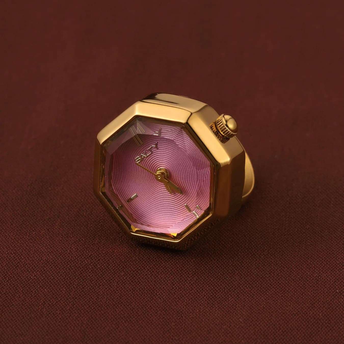 Women's Pink Octagonal Stainless Steel Quartz Watch Ring