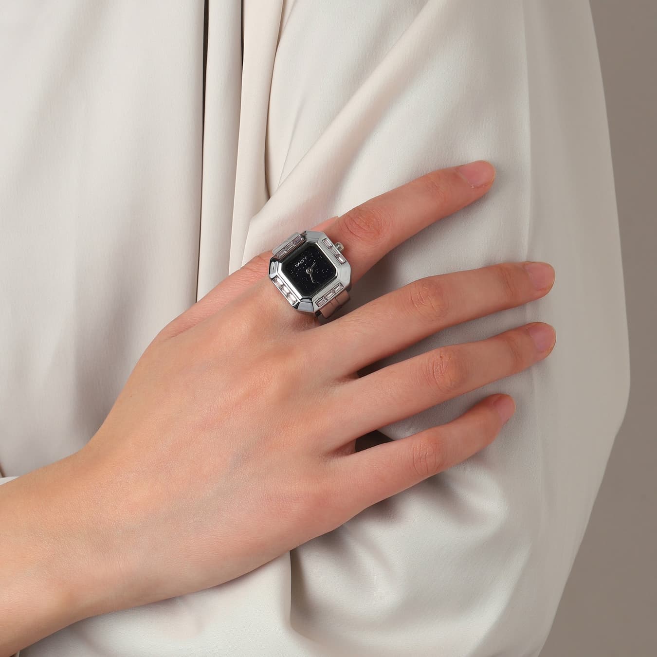 Women's Black Square Stainless Steel Quartz Watch Ring