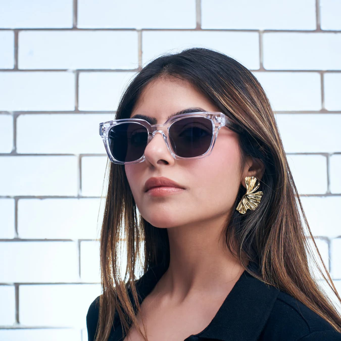 Women's Black Smart Casual Crystal Chill Sqaure Sunglasses