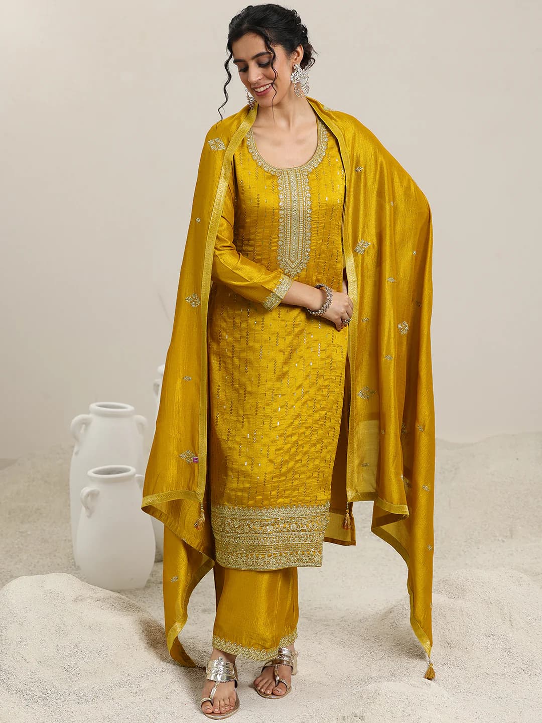 Women's Yellow Sequinned Embellished Straight Kurta With Wide Leg Palazzo and Embroidered Dupatta